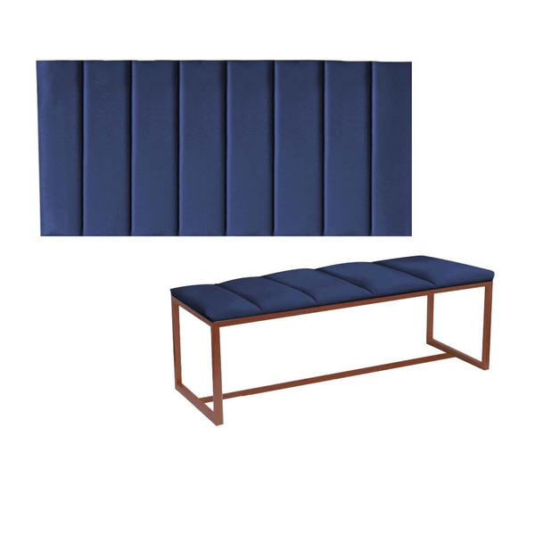 Imagem de Kit Painel Carla e Calçadeira Industrial 160cm Queen Size Box Ferro Bronze Suede Azul Marinho - Ahz Móveis