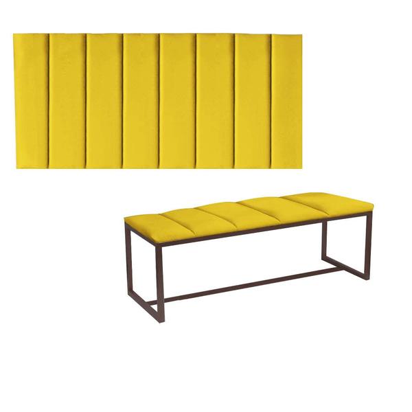 Imagem de Kit Painel Carla e Calçadeira Industrial 160cm Queen Size Box Ferro Marrom Suede Amarelo - Ahz Móveis