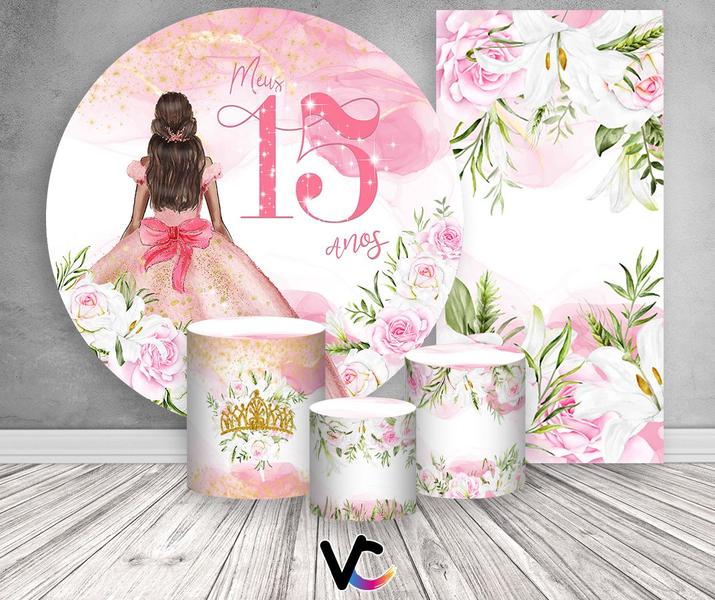 Imagem de Kit Painel De Festa + Trio Capa Cilindro + Faixa Veste Fácil - 15 Anos Princesa Rosa 006