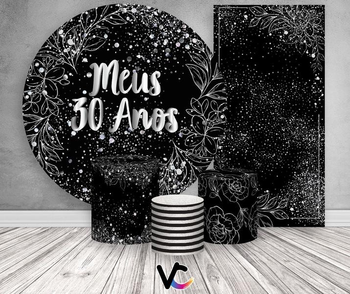 Imagem de Kit Painel De Festa + Trio Capa Cilindro + Faixa Veste Fácil - Meus 30 Anos Efeito Brilhos Prateados 036