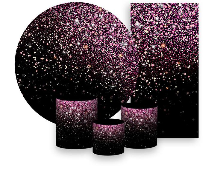 Imagem de Kit Painel De Festa + Trio Capa Cilindro + Faixa Veste Fácil - Preto Efeito Glitter Rosa e Dourado 004