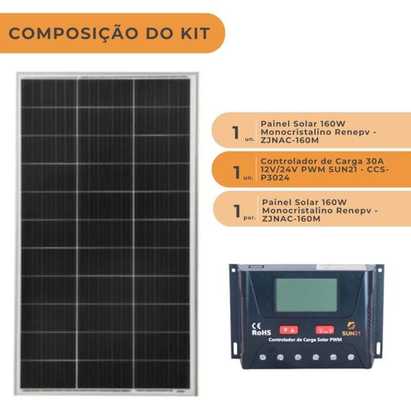 Imagem de Kit Painel Solar Monocristalino 160W com Controlador de Carga 30A 12V/24V