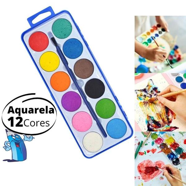 Imagem de Kit Paleta de tintas aquarela 12 cores 1 pincel escolar