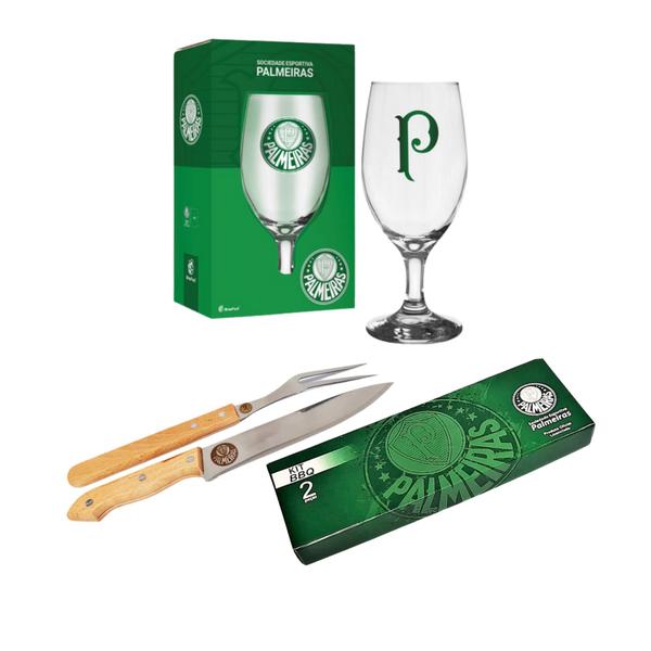 Imagem de Kit palmeiras taça de cerveja + bbq faca e garfo churrasco presente