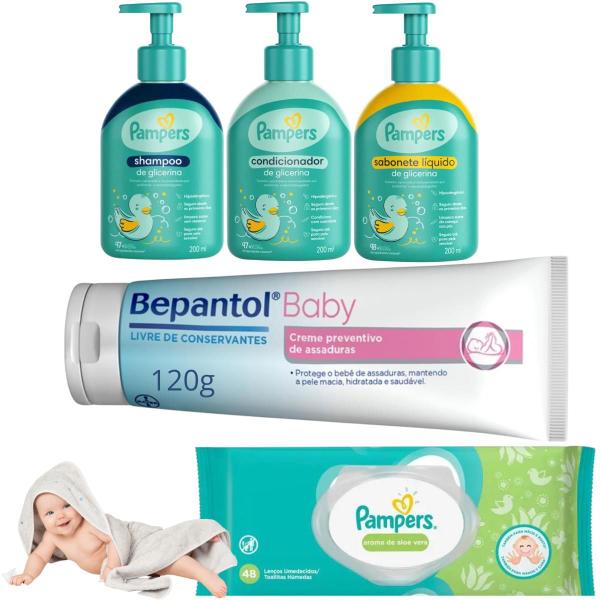 Imagem de Kit Pampers Glicerina Bepantol Baby Creme Pomada Assaduras Glicerina Lenços Aloe Vera Hipoalergênica