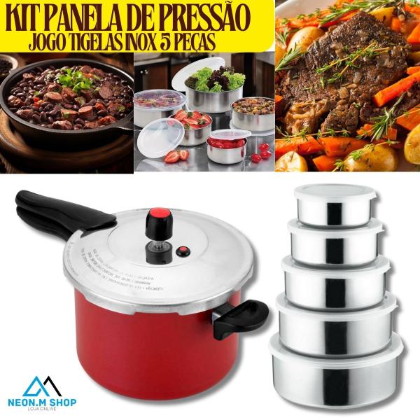 Imagem de Kit Panela de Pressão 4,5L Fechamento Externo e Conjunto de Tigelas Inox 5 Peças com Tampa de Silicone