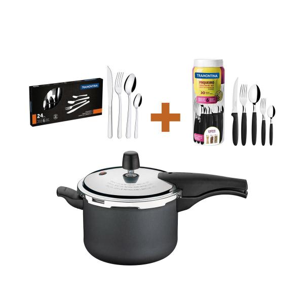 Imagem de KIT - Panela de Pressão 4,5L Grafite + 1 Faqueiro 30pç + 1 Faqueiro Inox 24pç - Tramontina