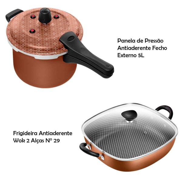 Imagem de Kit Panela de Pressão Fecho Externo 5 Litros + Frigideira Quadrada 2 Alças N29 Antiaderente Gourmet Patolux