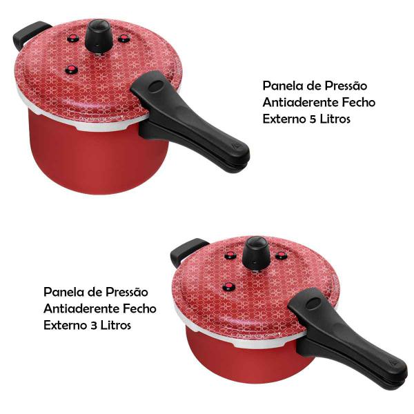 Imagem de Kit Panela De Pressão Vermelho Cereja 3 Litros E 5 Litros Antiaderente Fechamento Externo Patolux