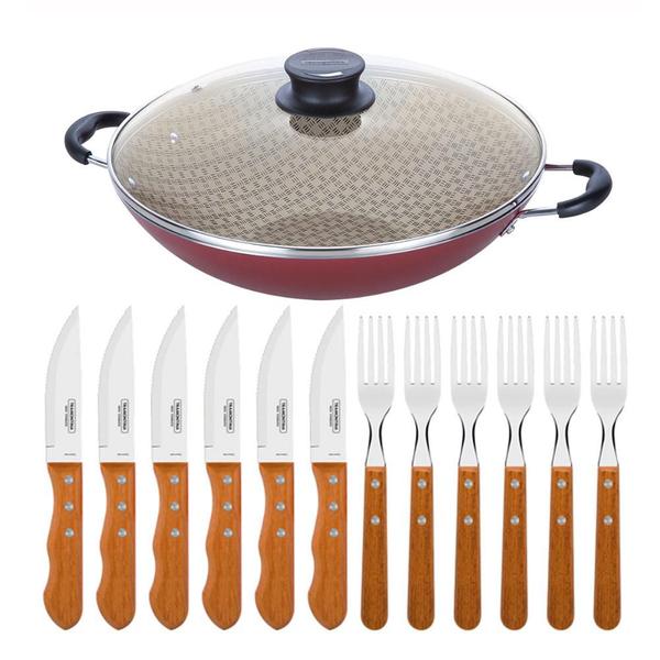 Imagem de KIT - Panela WOK 6L Alumínio 36 cm Paris Vermelho + 1 Jogo Churrasco 12pç - Tramontina