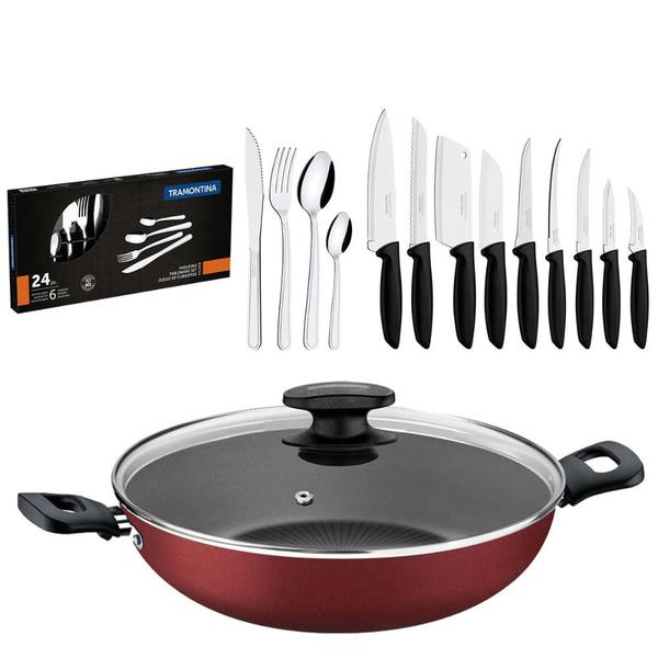 Imagem de KIT - Panela Wok Alumínio 28Cm + 1 Conjunto Facas 9pç + 1 Faqueiro Inox 24pç - Tramontina