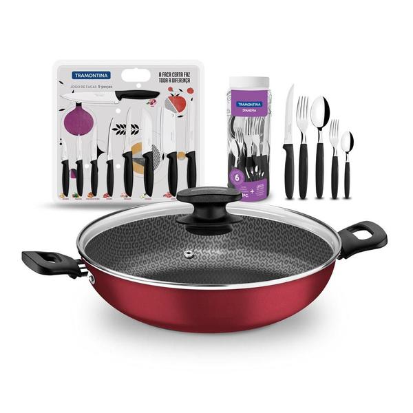 Imagem de KIT - Panela Wok Alumínio 28Cm + 1 Faqueiro 30pç + 1 Conjunto Facas 9pç - Tramontina