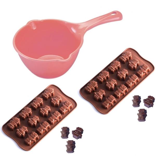 Imagem de Kit Panelinha Confeiteiro 1,1l Rosa + 2 Forminhas Formato Robo 12 Cavidades