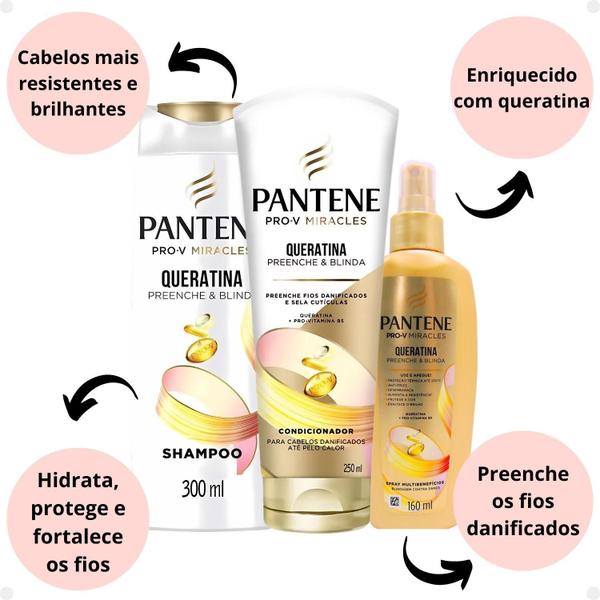 Imagem de Kit Pantene Pro-V Miracles Queratina: Shampoo 300ml, Condicionador 250ml e Spray