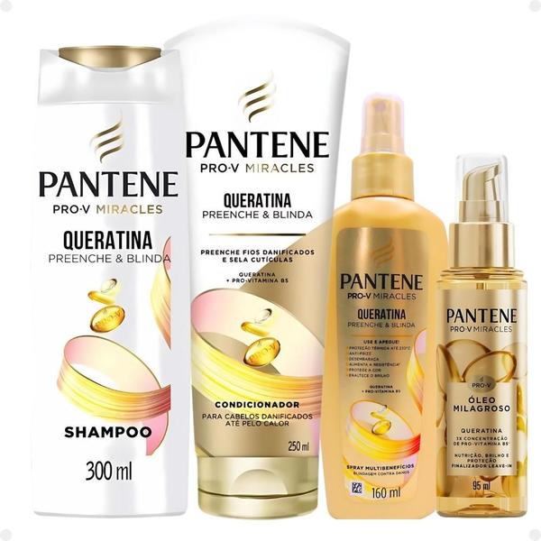 Imagem de Kit Pantene Pro-V Miracles Queratina: Shampoo 300ml, Condicionador 250ml, Spray e Óleo