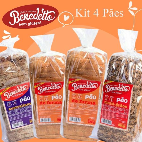 Kit Pão sem Glúten Benedetto Variados - 4 Unidades 2 Forma - 1 Australiano - 1 Multigrãos Imagem de Kit Pão sem Glúten Benedetto Variados - 4 Unidades 2 Forma - 1 Australiano - 1 Multigrãos
