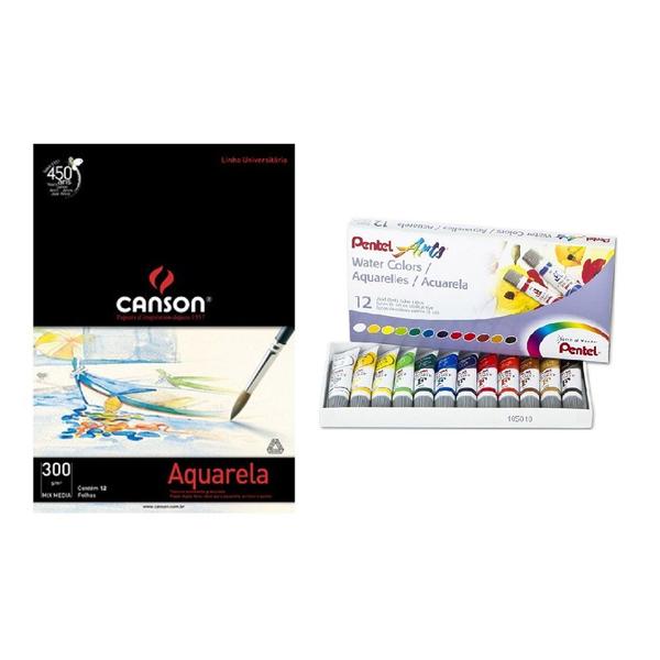 Imagem de Kit papel canson aquarela e tinta aquarela pentel tubo 12 cores wfrs