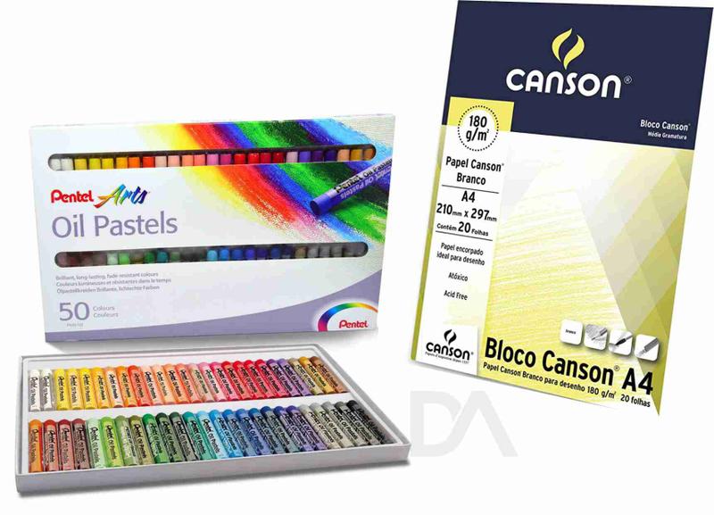 Imagem de Kit papel canson   e giz de cera pentel oil pastel 50 cores