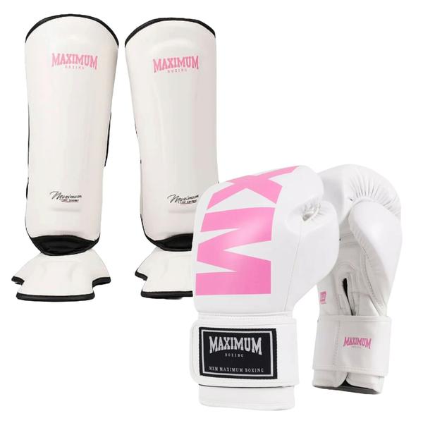 Imagem de Kit Par de Caneleira + Par Luva Boxe Muay Thai Kickboxing Maximum MXM 12oz White/Pink