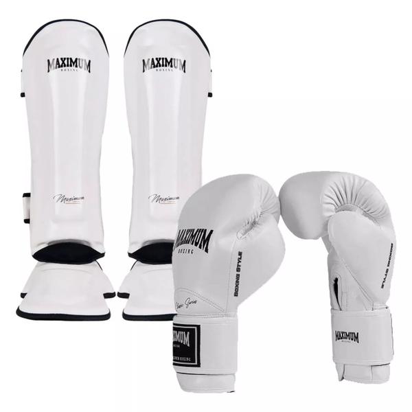 Imagem de Kit Par de Caneleiras + Par Luvas De Boxe Muay Thai Kickboxing New Classic 12oz Maximum White