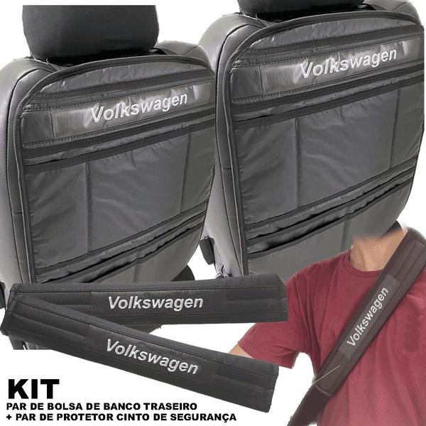 Imagem de Kit par de capa protetora de cinto de segurança mais par de bolsa de banco com bolsos para toda linha  volksvagen