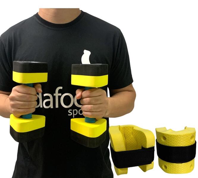 Imagem de Kit Par Halteres Hidroginástica 1-2kg + Par de Caneleira 1-2kg Dafoca Sports Preto/Amarelo