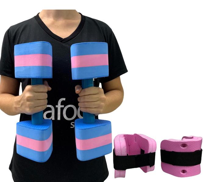 Imagem de Kit Par Halteres Hidroginástica 2-3kg + Par de Caneleira Rosa 2-3kg Dafoca Sports Azul/Rosa