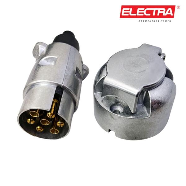 Imagem de Kit Par Tomada Plug Cromada Para Carretinha Reboque de Engate 7 Polos em Cobre corpo Aluminio