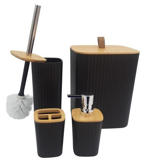 Imagem de Kit para Banheiro de Bambu e Plástico Moderno Decorada Porta Sabonete Escova de Vaso Lixeira