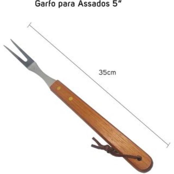 Imagem de Kit Para Churrasco 5 Peças Inox Faca Garfo Pinça Avental Luva cabo de madeira Presente churrasqueiro Homem Pai