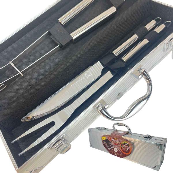 Imagem de Kit Para Churrasco Com 3 Peças Em Aço Inox + Maleta Em Alumínio - Art House