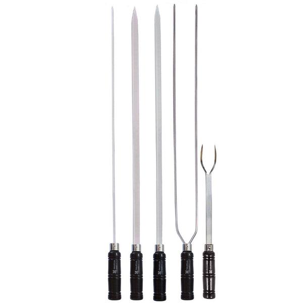 Imagem de Kit para Churrasco com 4 Espetos de 70cm e 1 Garfo em Alumínio e Cabo de Madeira ADM