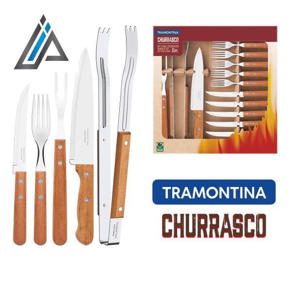 Imagem de Kit para Churrasco em Aço Inox com Cabo de Madeira Natural 15 Peças - Tramontina