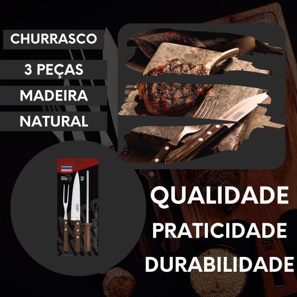 Imagem de Kit para Churrasco Tramontina com Lâminas de Aço Inox e Cabos de Madeira Natural 3 Peças