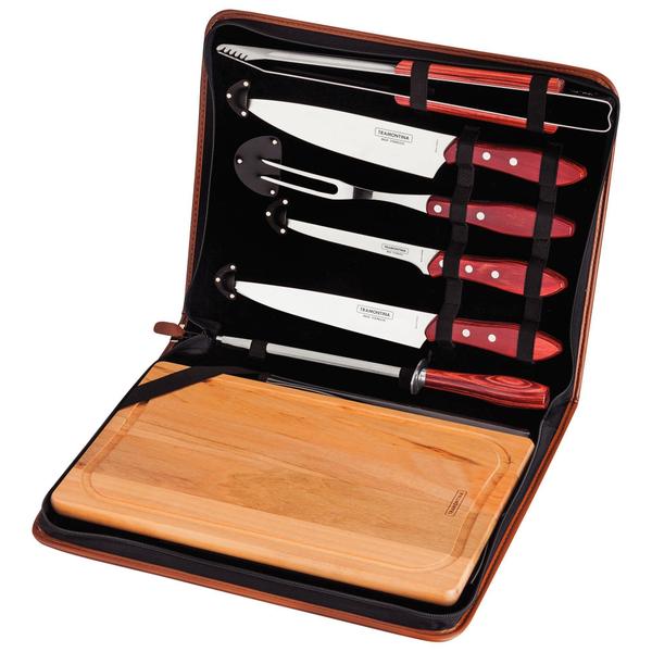 Imagem de Kit para Churrasco Tramontina em Aço Inox Cabo Vermelho Polywood com Tábua e Estojo 8 Peças