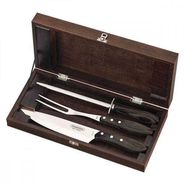 Imagem de Kit para Churrasco Tramontina em Aço Inox com Cabo Castanho Polywood com Estojo em Madeira 4 Peças