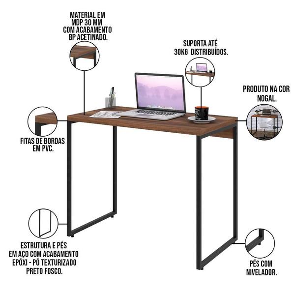 Imagem de Kit Para Escritório Estante Areta 3 Prateleiras Mesa Industrial Aspen 90cm C01 Nogal - Lyam Decor