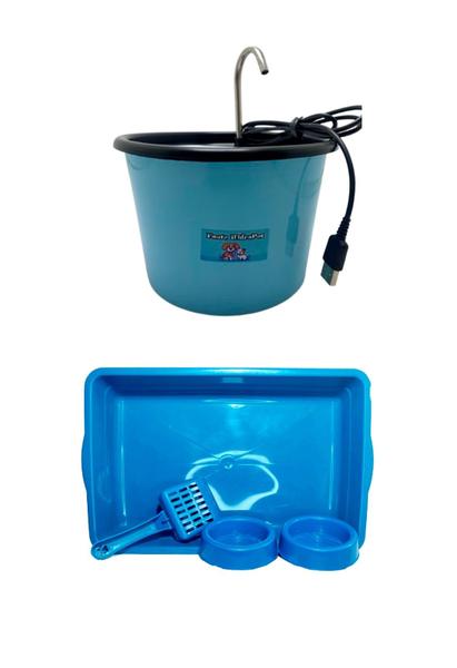 Kit para Gatos - Bandeja, Pa e Comedouro e Fonte para Gatos Usb com Bomba Submersa Hidrapet - Azul Imagem de Kit para Gatos - Bandeja, Pa e Comedouro e Fonte para Gatos Usb com Bomba Submersa Hidrapet - Azul