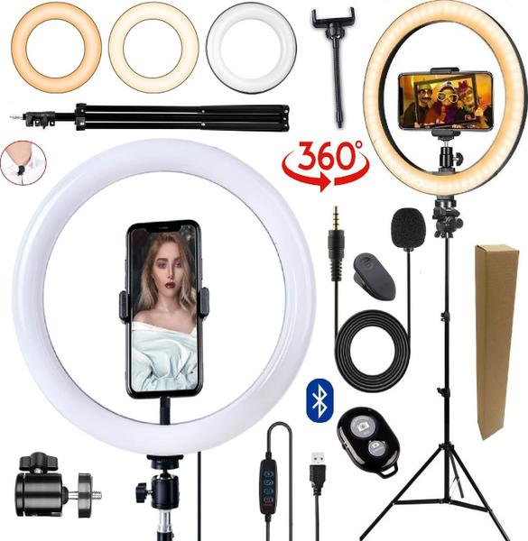 Imagem de Kit Para Gravar Vídeos Pedestal Microfone de Lapela Para Celular Luz Iluminador Ring Light Universal Controle Bluetooth