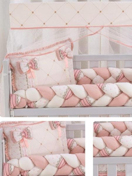 Imagem de Kit para Mini Berço Trançado Menina Salmao Decoração Quarto Bebe