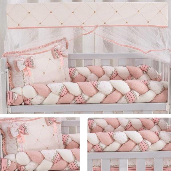 Imagem de Kit para Mini Berço Trançado Menina Salmao Decoração Quarto Bebe