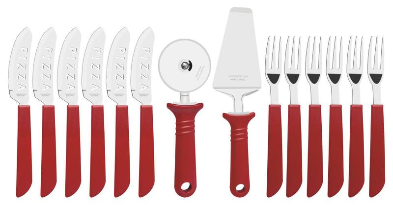 Kit para Pizza Tramontina com Lâminas em Aço Inox e Cabos de Polipropileno Vermelho 14 Peças Imagem de Kit para Pizza Tramontina com Lâminas em Aço Inox e Cabos de Polipropileno Vermelho 14 Peças