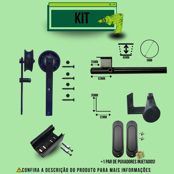 Kit para Porta Celeiro Tubular 65cm Roldana Aparente Trilho Dividido Preto - 1,30m - Alfer Imagem de Kit para Porta Celeiro Tubular 65cm Roldana Aparente Trilho Dividido Preto - 1,30m