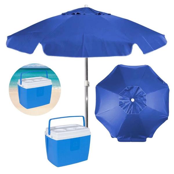 Imagem de Kit para Praia Azul com Guarda Sol 1,60 M + Caixa Termica Cooler 19 L  Bel 