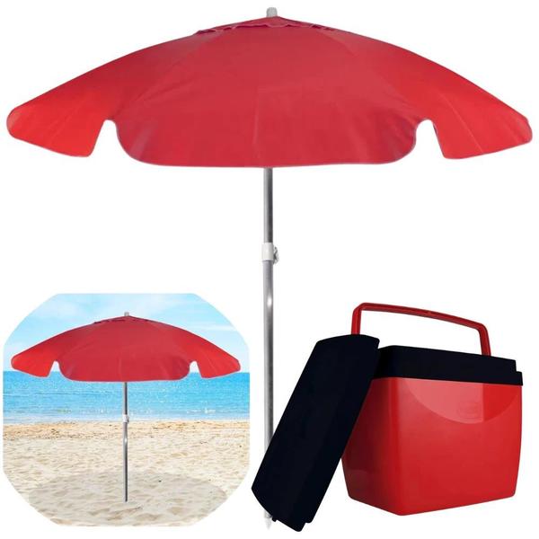 Imagem de Kit para Praia Preto e Vermelho Guarda-sol 1,60m + Cooler 26l