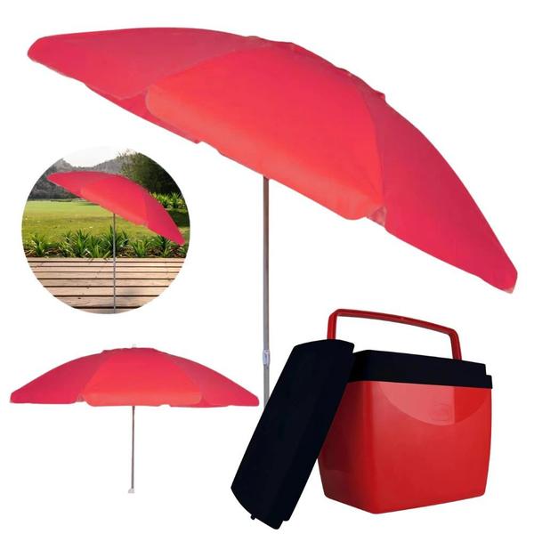 Imagem de Kit para Praia Vermelho e Preto Guarda-sol 2m + Cooler 26 L