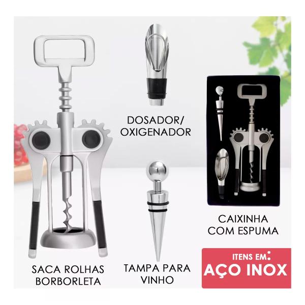 Imagem de Kit Para Vinho 3pçs Aço Inox Presente Profissional Luxo 