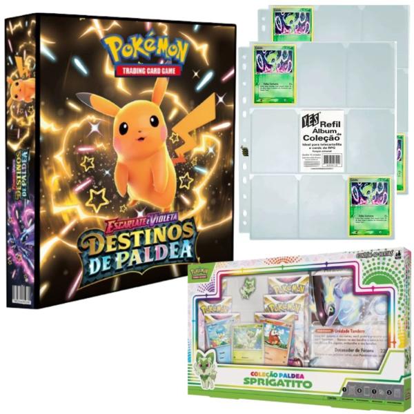 Imagem de Kit Pasta Fichário Pokémon Escarlete e Violeta Destinos e Paldea com 20 Folhas e Box Sprigatito TCG