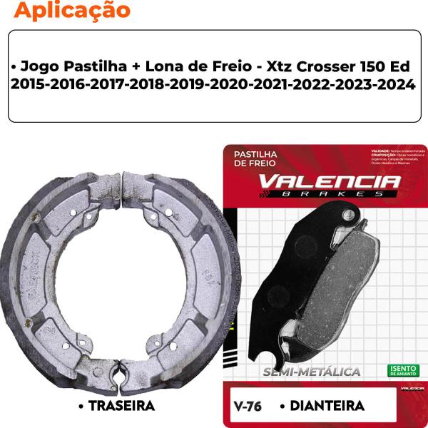 Imagem de Kit Pastilha + Lona Freio Xtz Crosser 150 Ed 2015 a 2024 Valencia Brakes/Fabreck