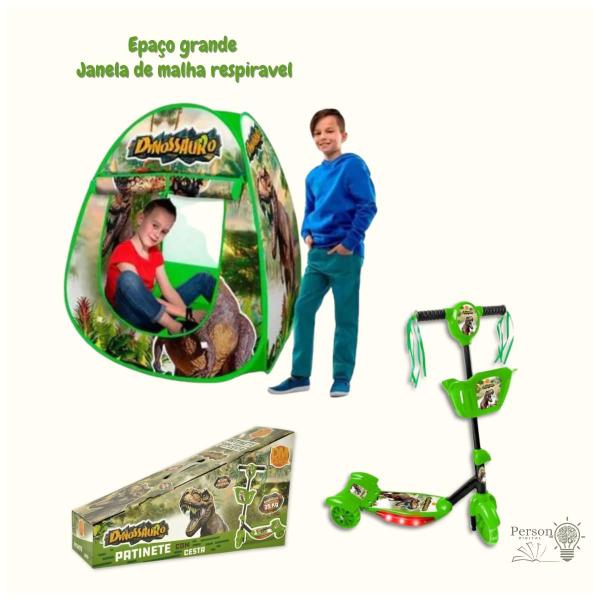 Imagem de Kit Patinete Infantil 3 Rodas Dinossauro + Barraca Toca Dinossauro Criança